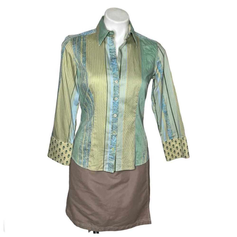 ANN TAYLOR Mixed Print Shirt Button Front Tailored Fit Bracelet Sleeves Size 4